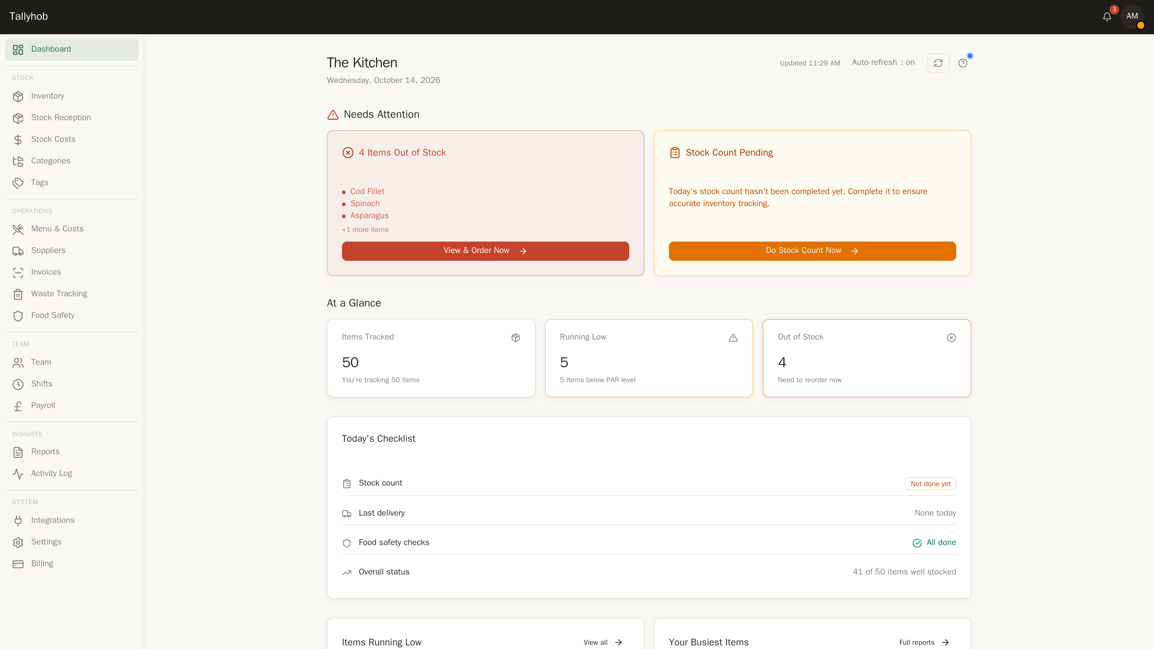 Tallyhob Dashboard — inventory tracking, stock alerts, and daily checklists